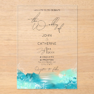 Blue Watercolor Ocean Acrylic Wedding Invitation Acryleinladungen