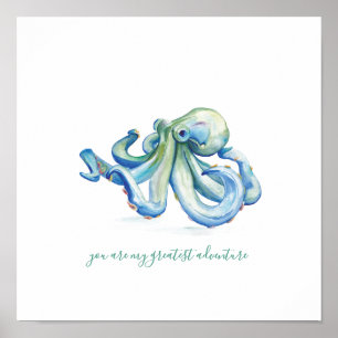 Blue Watercolor Octopus Art Poster