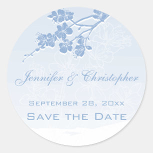 Blue Watercolor Ombre Spring Blossom Save the Date Runder Aufkleber