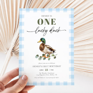 Blue Watercolor One Lucky Duck Boy 1. Geburtstag Einladung