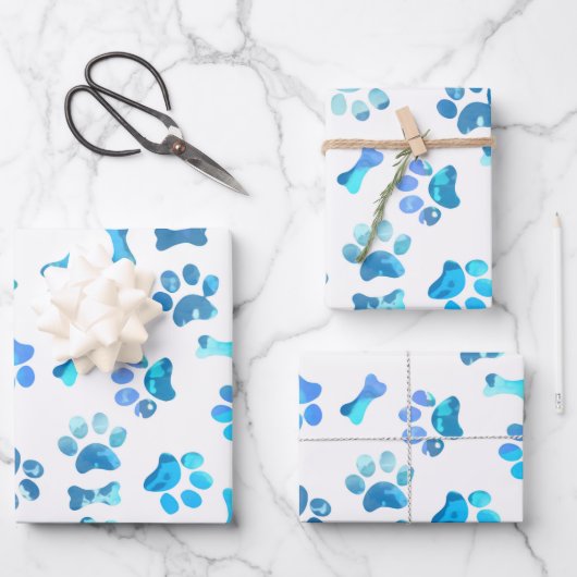 Blue Watercolor Paw Prints Birthday Wrapping Paper Geschenkpapier Set (Vorderseite)