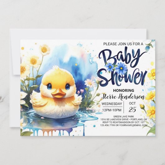 Blue Watercolor Quack Baby Dusche Einladung (Vorderseite)
