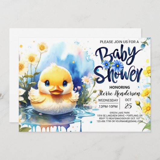 Blue Watercolor Quack Baby Dusche Einladung (Vorne/Hinten)