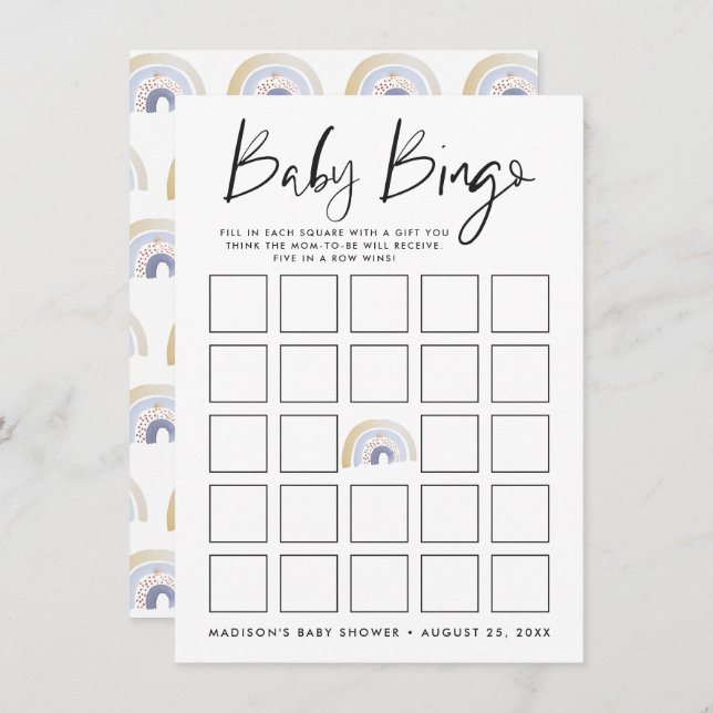 Blue Watercolor Rainbow Baby Dusche Bingo Card (Vorne/Hinten)