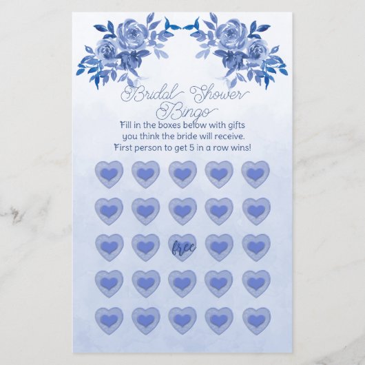 Blue Watercolor Rose Brautparty Bingo Flyer (Vorne)