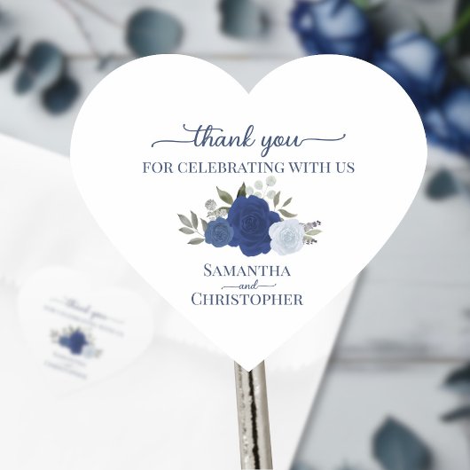Blue Watercolor Rose Elegante Wedding Danke Herz-Aufkleber