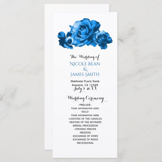 Blue Watercolor Rose Elegantes Hochzeitsprogramm Programm (Vorne/Hinten)
