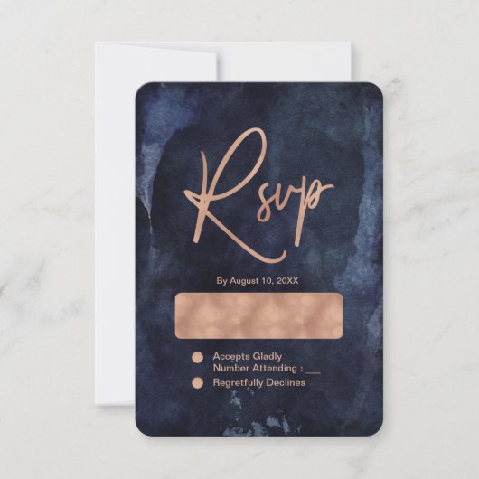 Blue Watercolor & Rose Gold Wedding RSVP Karte (Vorderseite)
