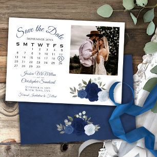 Blue Watercolor Rose Hochzeitskalender & Foto Save The Date