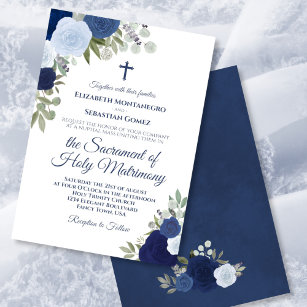 Blue Watercolor Rose Moderne katholische Hochzeit Einladung
