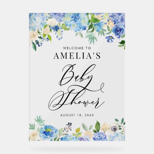 Blue Watercolor Rose und Hydrangea Babydusche Acrylschild (Vorderseite)