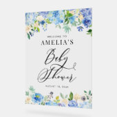 Blue Watercolor Rose und Hydrangea Babydusche Acrylschild (Winkel)