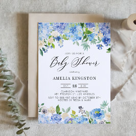 Blue Watercolor Rose und Hydrangea Babydusche Einladung