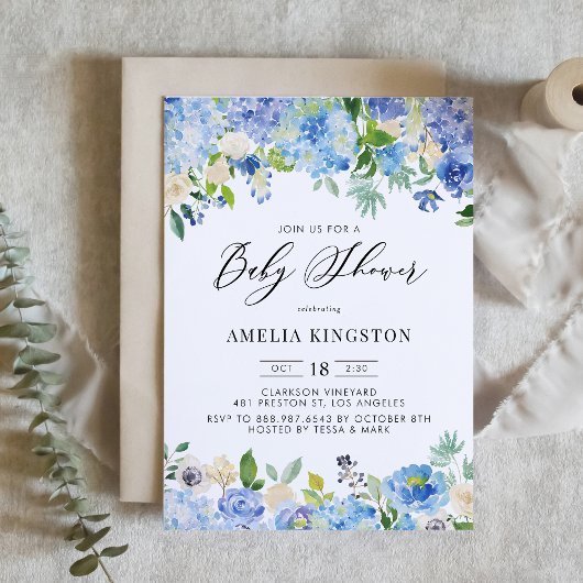 Blue Watercolor Rose und Hydrangea Babydusche Einladung