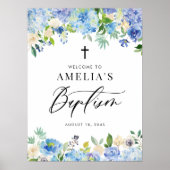 Blue Watercolor Rose und Hydrangea Taufe Poster (Vorne)