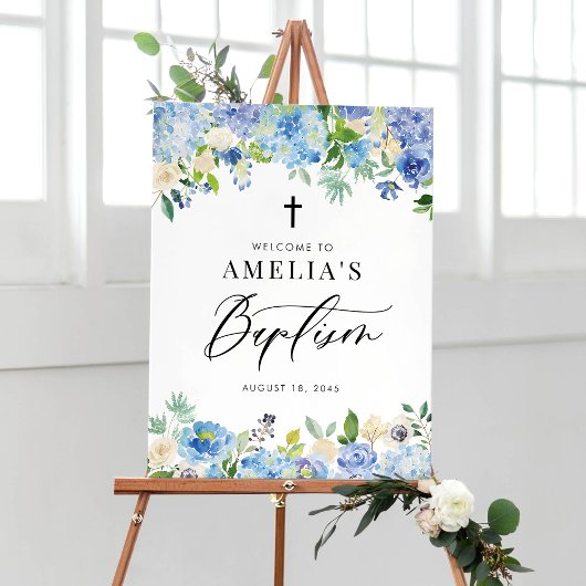 Blue Watercolor Rose und Hydrangea Taufe Poster