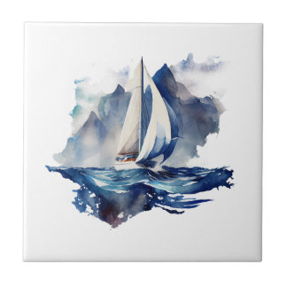 Blue Watercolor Sailboat Keramik Tile Fliese