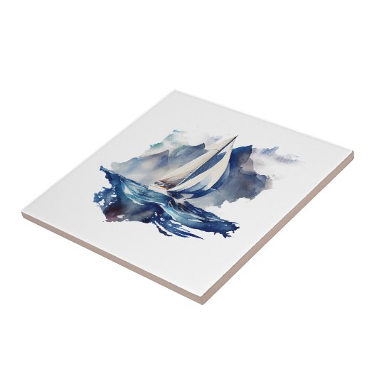Blue Watercolor Sailboat Keramik Tile Fliese (Seite)