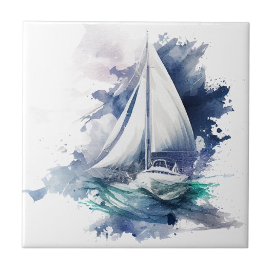 Blue Watercolor Sailboat Keramik Tile Fliese (Vorderseite)