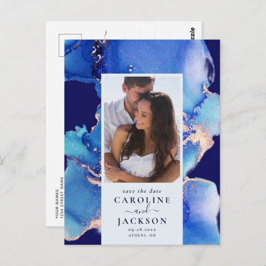 Blue Watercolor Save the Date Postcard Postkarte (Vorne/Hinten)