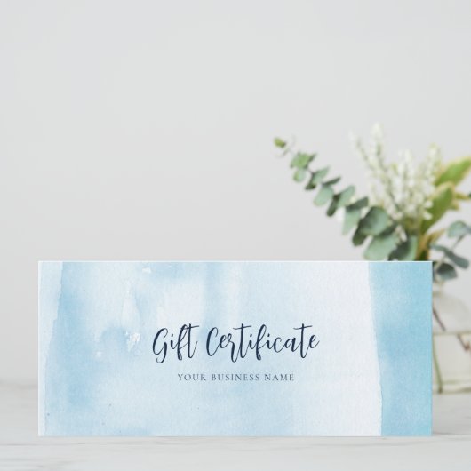 Blue Watercolor Script Modernes Geschenkzertifikat (Stehend Vorderseite)