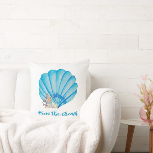 Blue Watercolor Seashell , Inspiration Zitat Kissen