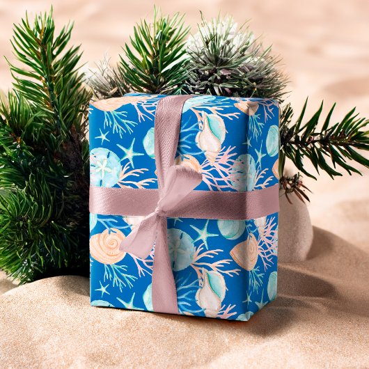 Blue Watercolor Seashell & Sripe Muster Geschenkpapier Set