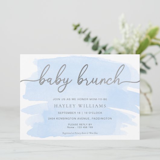 Blue Watercolor Silver Baby Brunch Einladung (Stehend Vorderseite)