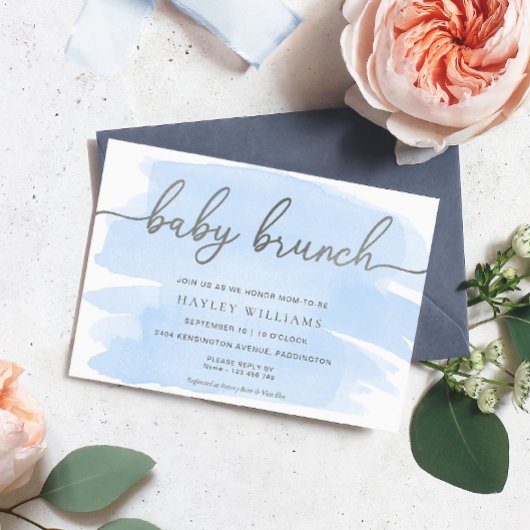 Blue Watercolor Silver Baby Brunch Einladung