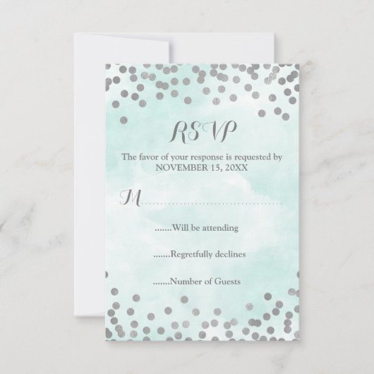 Blue Watercolor Silver Confetti Wedding RSVP (Vorderseite)