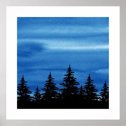 Blue Watercolor Sky & Trees Silhouette Poster (Vorne)