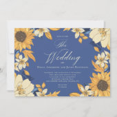 Blue Watercolor Sonnenblumen Script Hochzeit Einladung (Vorderseite)