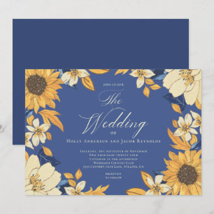 Blue Watercolor Sonnenblumen Script Hochzeit Einladung