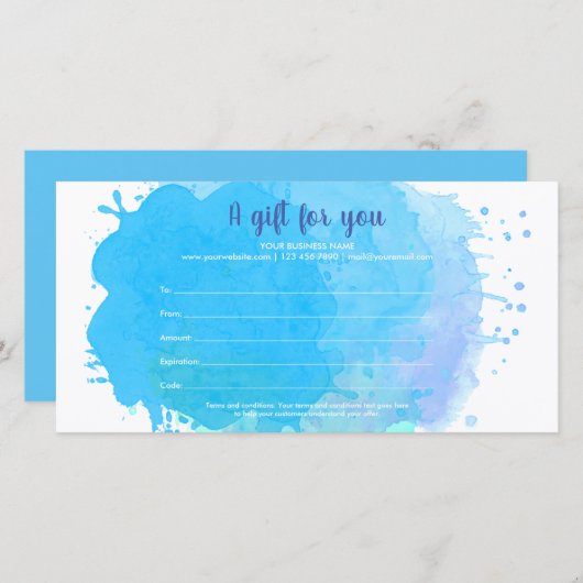 Blue Watercolor Splash Geschenkgutschein (Vorne/Hinten)
