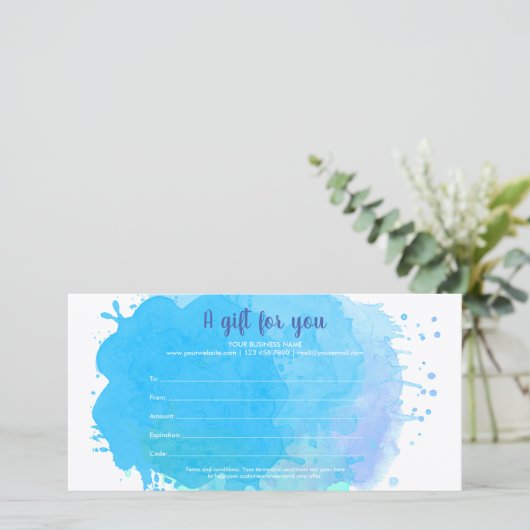 Blue Watercolor Splash Geschenkgutschein (Stehend Vorderseite)