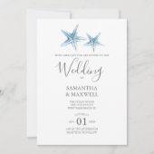 Blue Watercolor Starfish vom Strand Wedding Einladung (Vorderseite)