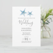 Blue Watercolor Starfish vom Strand Wedding Einladung (Stehend Vorderseite)