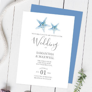Blue Watercolor Starfish vom Strand Wedding Einladung