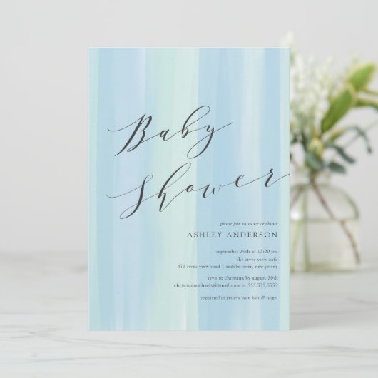 Blue Watercolor Stripes Baby Dusche Einladung (Stehend Vorderseite)