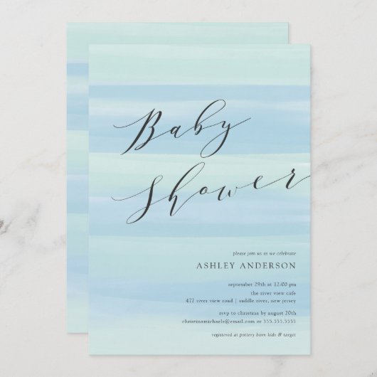 Blue Watercolor Stripes Baby Dusche Einladung (Vorne/Hinten)