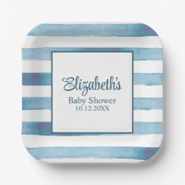 Blue Watercolor Stripes Baby Dusche Pappteller