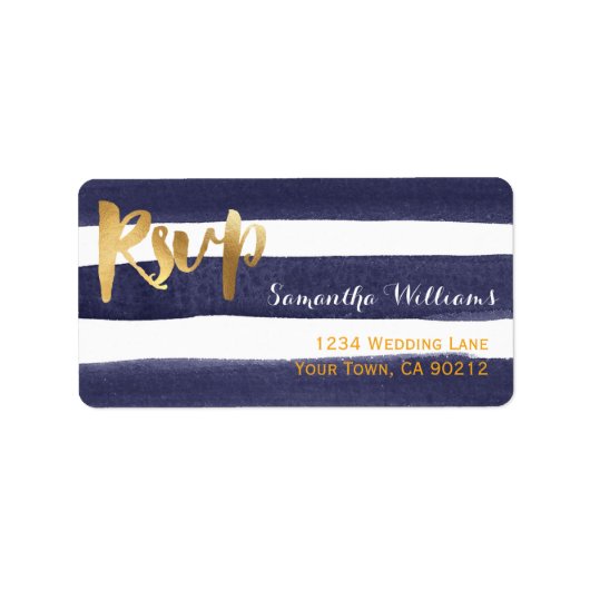Blue Watercolor Stripes Gold Wedding RSVP Adressaufkleber (Vorne)