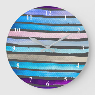 Blue watercolor stripes hand painted große wanduhr