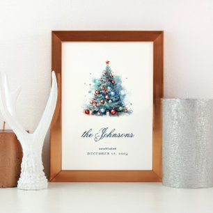 Blue Watercolor Style Weihnachtsbaum mit Ornament Poster
