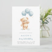 Blue Watercolor Teddy Bear 2nd Birthday Invitation Einladung (Stehend Vorderseite)