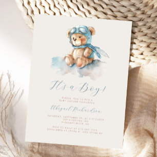 Blue Watercolor Teddy Bear Boy Baby Dusche Postkarte