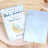 Blue Watercolor Teddy Bear on Moon Baby Shower Einladung