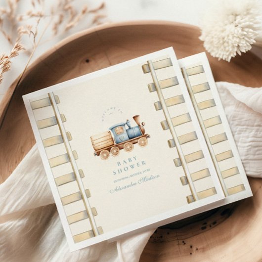 Blue Watercolor Train Baby Dusche Serviette