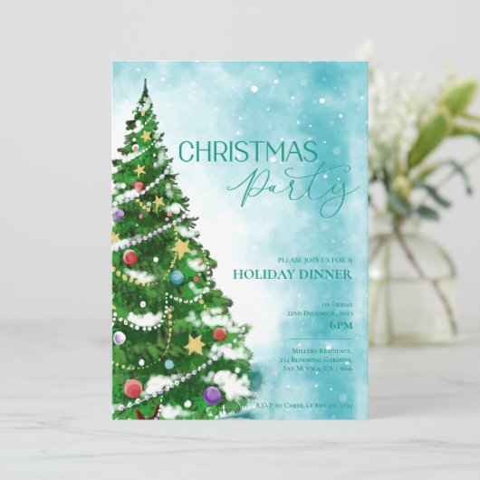 Blue Watercolor Tree Weihnachten Party Einladung (Stehend Vorderseite)