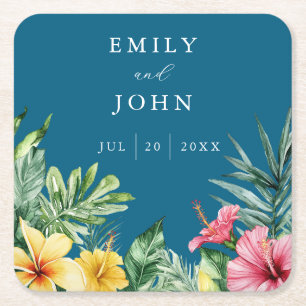 Blue Watercolor Tropical Blume Hochzeiten Rechteckiger Pappuntersetzer